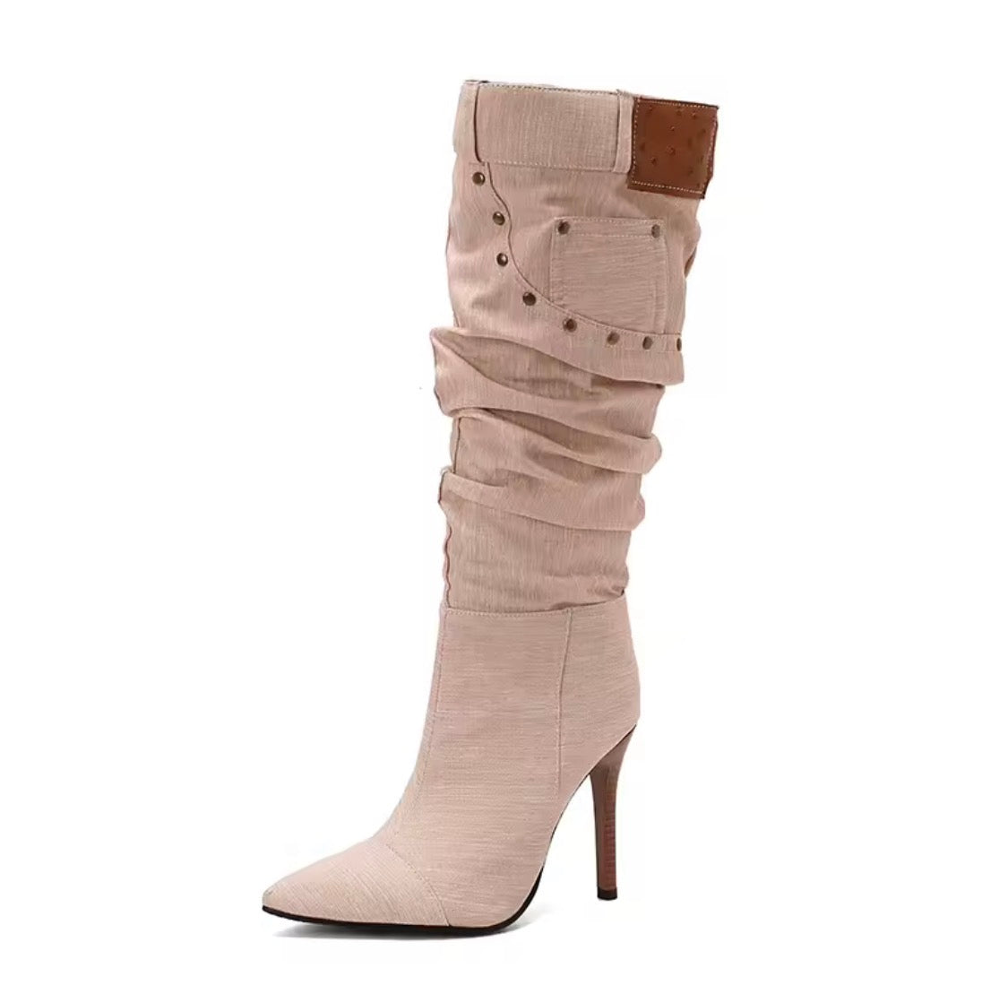 Women's Slouchy Denim Mid-Calf Boots – Pointed Toe Stiletto High Heel