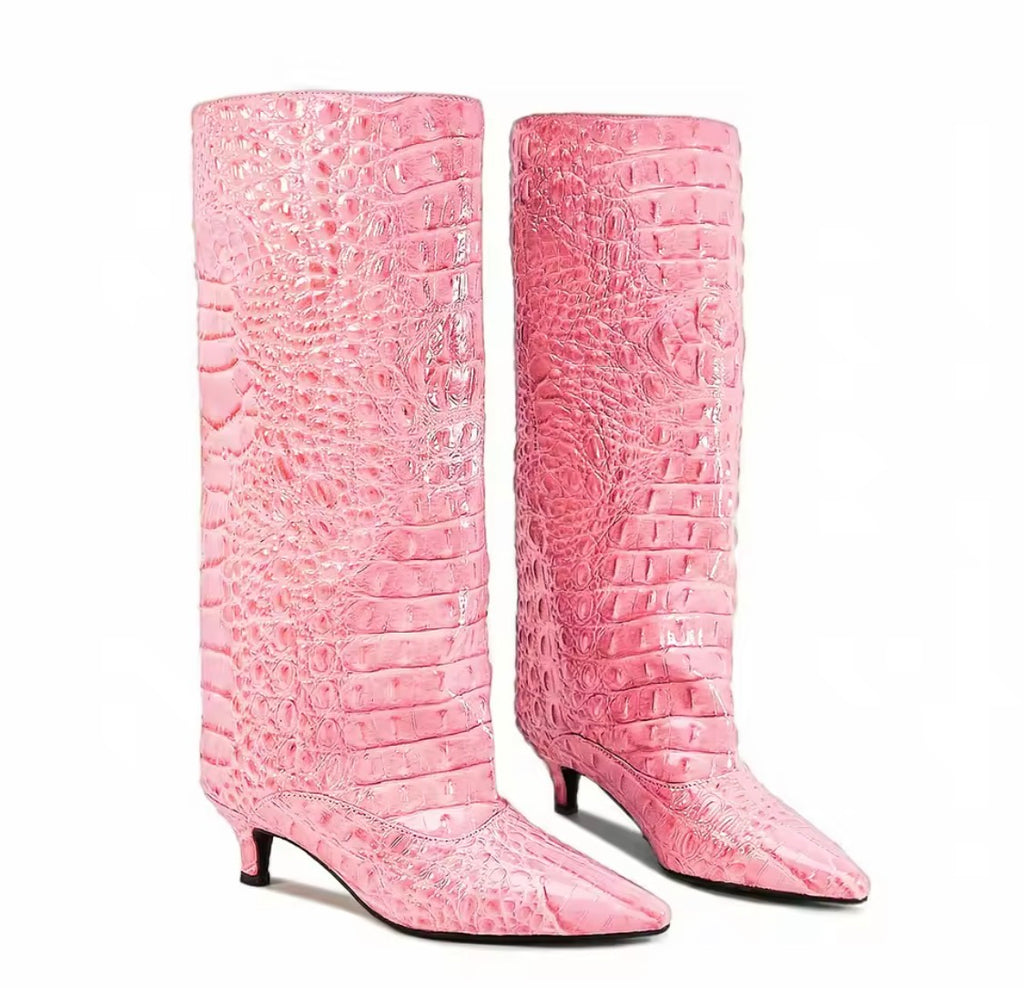 Women’s Slouch Knee-High Boots — Pointed-Toe Kitten Heel Crocodile Embossed Long Boots