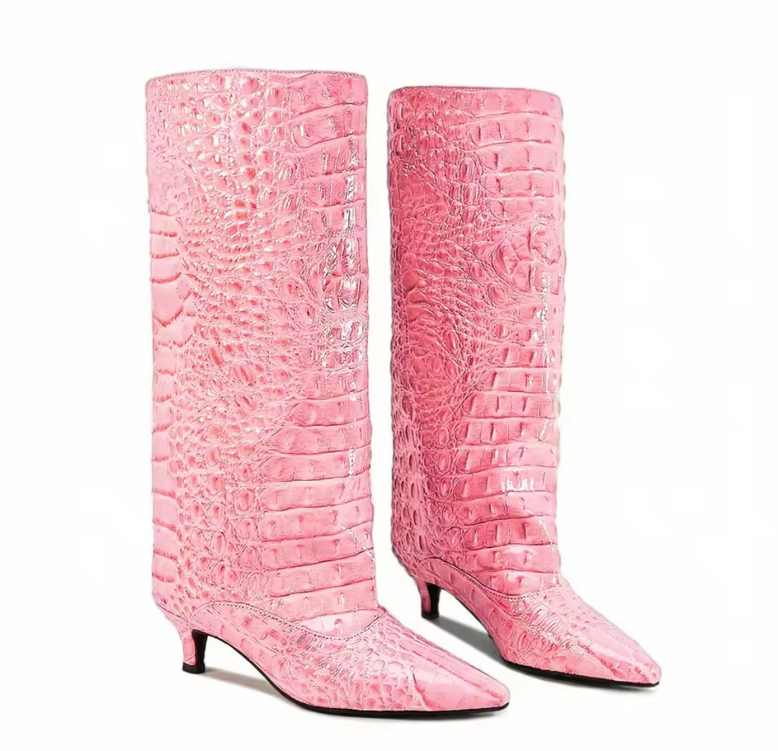 Women’s Slouch Knee-High Boots — Pointed-Toe Kitten Heel Crocodile Embossed Long Boots