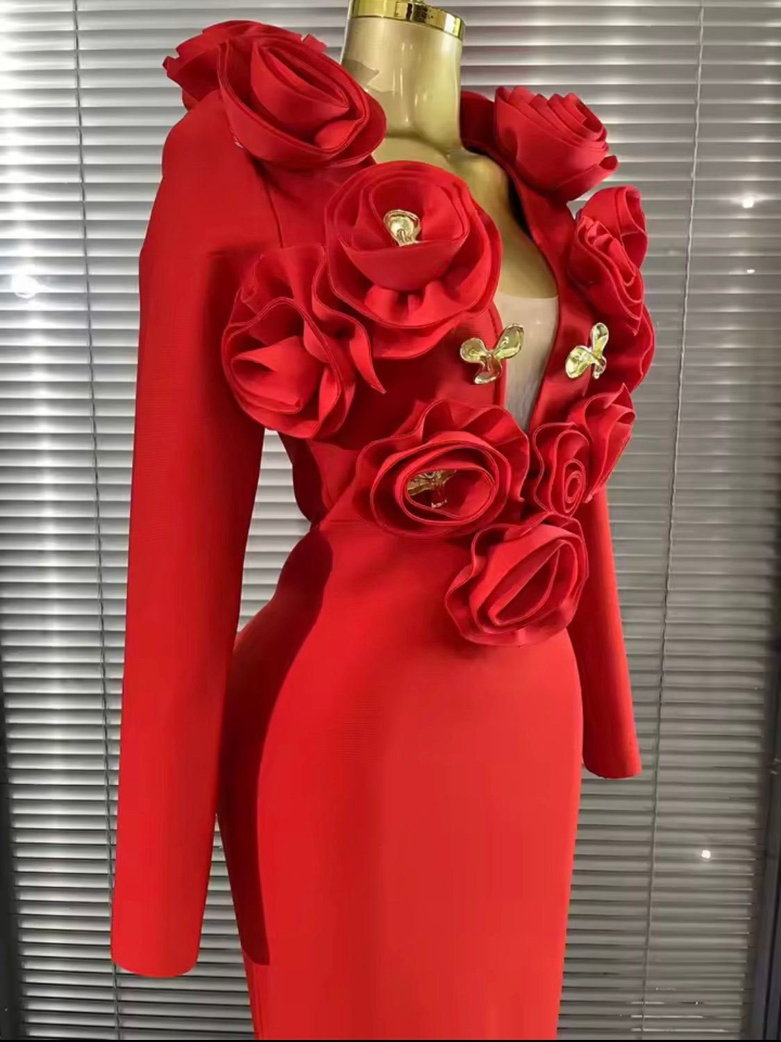 Luxury 3D Rose Floral Accent Long Sleeve Maxi Bandage Dress – Elegant Evening Gown