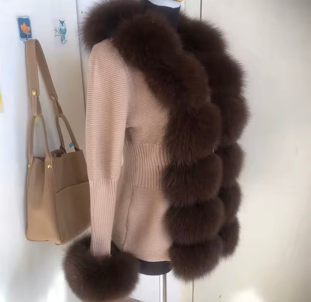 Luxury Real Fox Fur Cardigan with Sleeves & Cuffs | Handcrafted Knit Wool Blend Sweater with Genuine Fox Fur Trim
