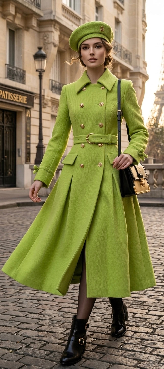 Lime Green Double Breasted Elegant Pleated A-Line Belted Woolen Trench Coat