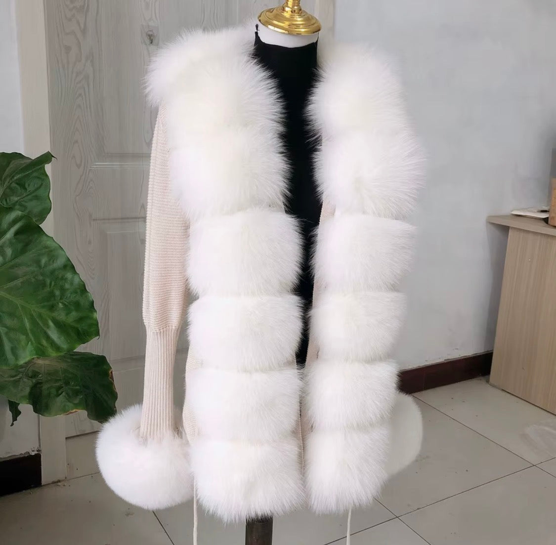 Luxury Real Fox Fur Cardigan with Sleeves & Cuffs | Handcrafted Knit Wool Blend Sweater with Genuine Fox Fur Trim