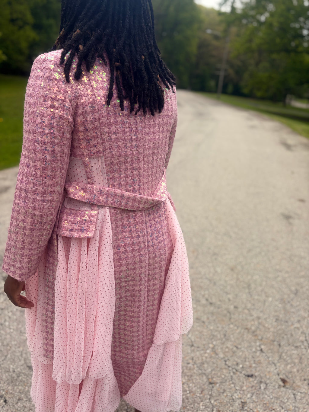 Stunning pink Sequins Mesh Layered Trench Coat – Elegant Evening Outerwear