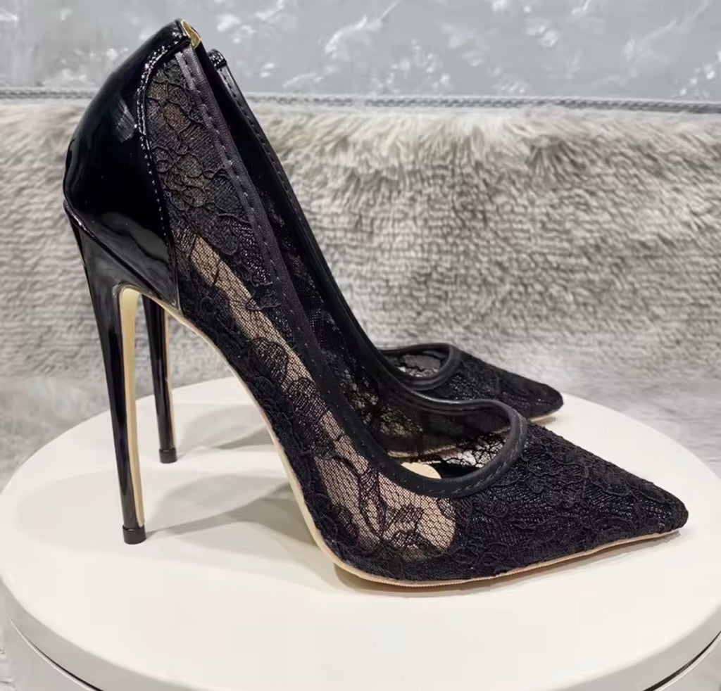 Black Lace Mesh High Heels with Bow Accents | Pointed Toe Stiletto Pumps | Pearl, Rhinestone & Classic Lace Wedding & Evening Shoeshine