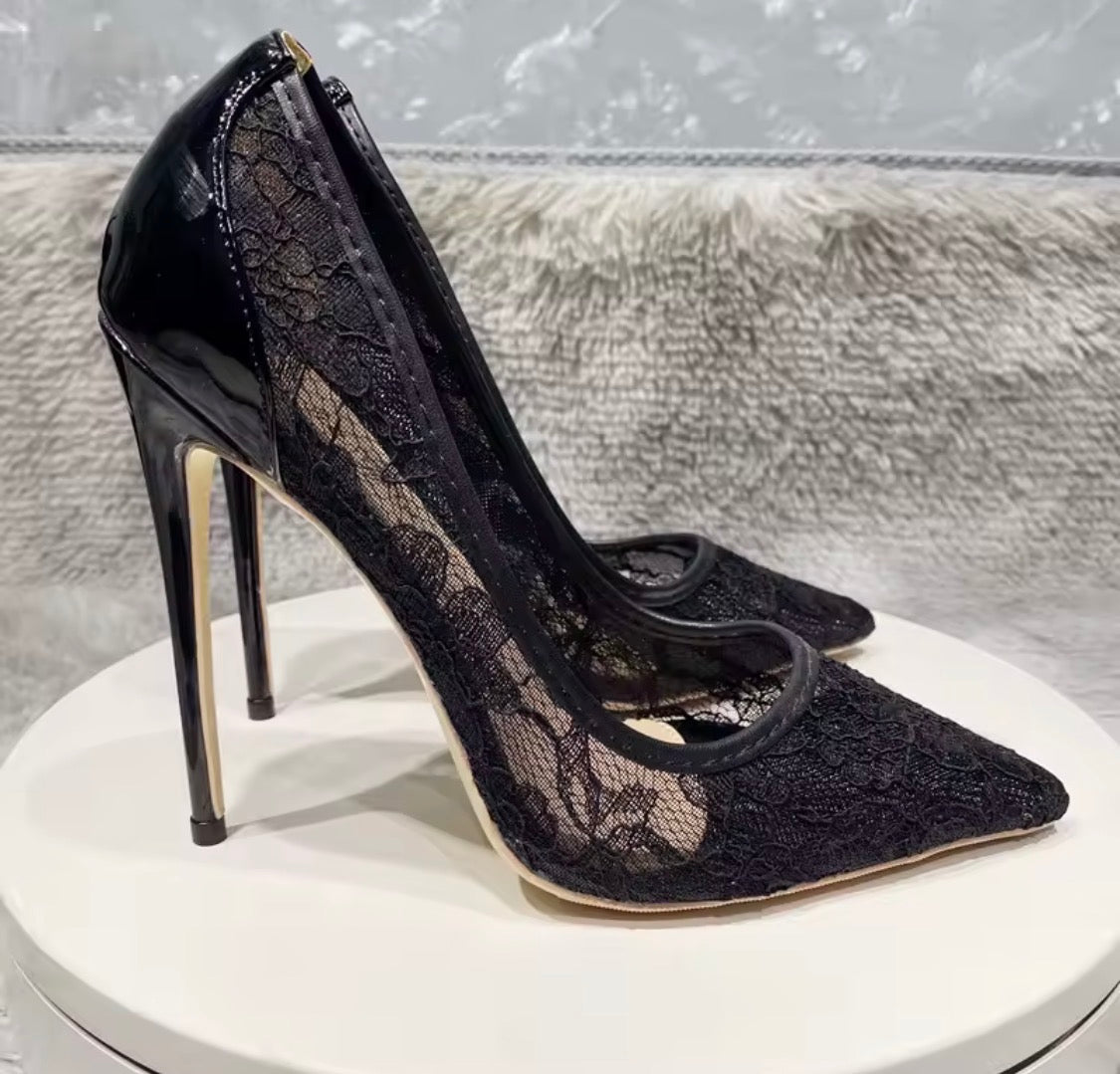 Black Lace Mesh High Heels with Bow Accents | Pointed Toe Stiletto Pumps | Pearl, Rhinestone & Classic Lace Wedding & Evening Shoeshine