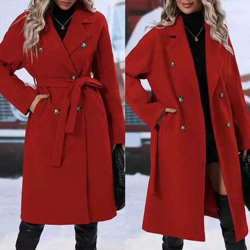Lapel Double-breasted Trench Coat With Belt Winter Fashion Solid Color Long Jacket Outwear Women Clothing Cjdropshipping