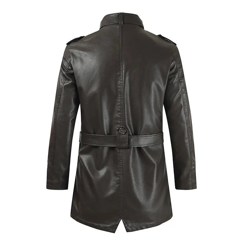Men's Mid-length Leather Coat Stand Collar Fleece-lined Thickened Cjdropshipping