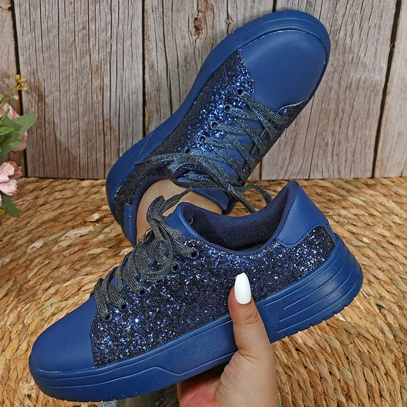 Glitter Sequin Design Flats Shoes Women Trendy Casual Thick-soled Lace-up Sneakers Fashion Skateboard Shoes Dropshipman