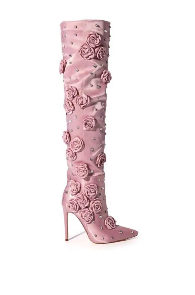 Silk Cloth Rivet Rose Over-the-knee Boots Dropshipman