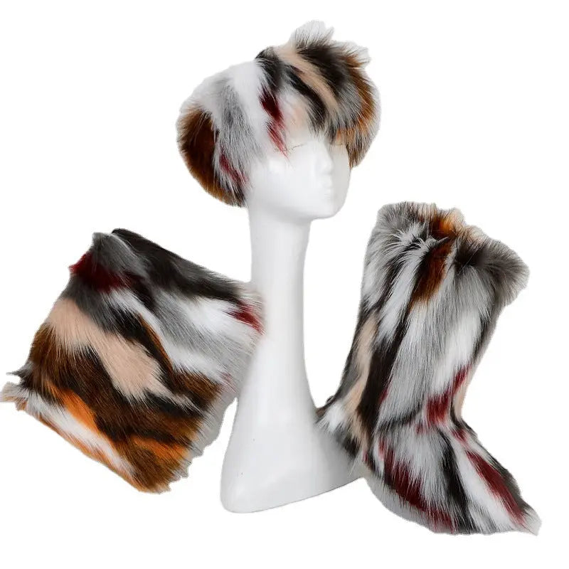 Velvet Padded Plus Size Imitation Fox Fur Fur Women's Snow Boots Three-piece Set Dropshipman
