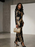 3 piece Black & Gold Sequin Evening Gown with Black Pumps and Gold Clutch set