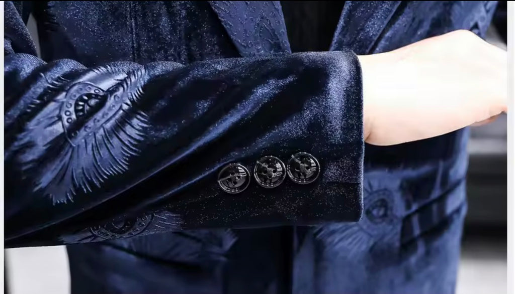 Men's Luxury Velvet Feather Embossed Longline Blazer | Slim Fit Mid-Length Tuxedo Jacket Coat in Black & Royal Blue