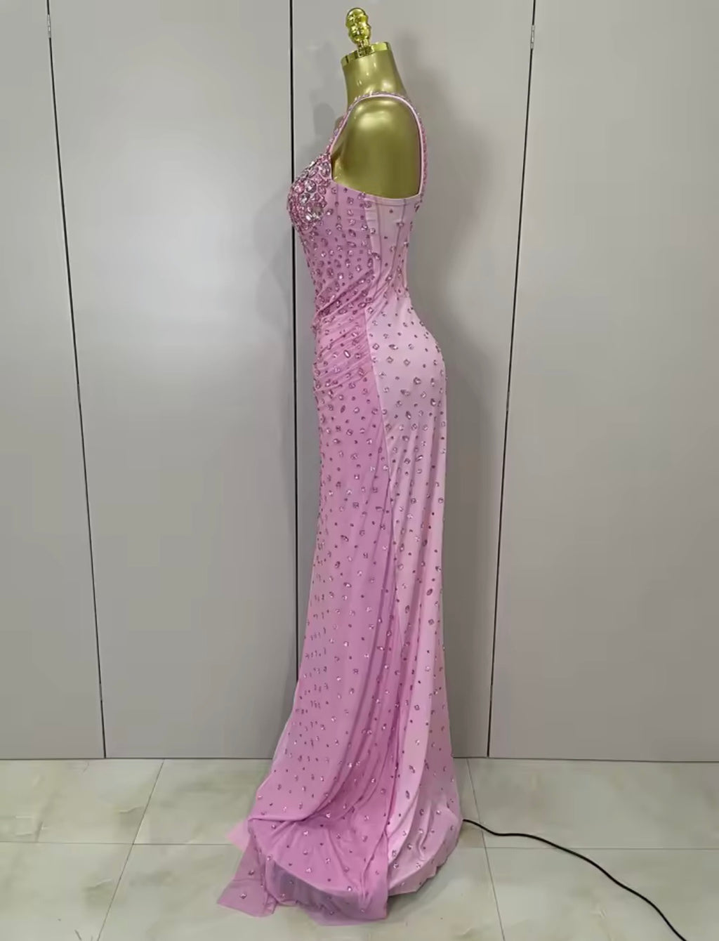 Pink Crystal Rhinestone Evening Gown, Formal Prom Dress, Glamour Bodycon Corset Maxi Dress, Sparkly Birthday Gala Dress, High Slit Gown