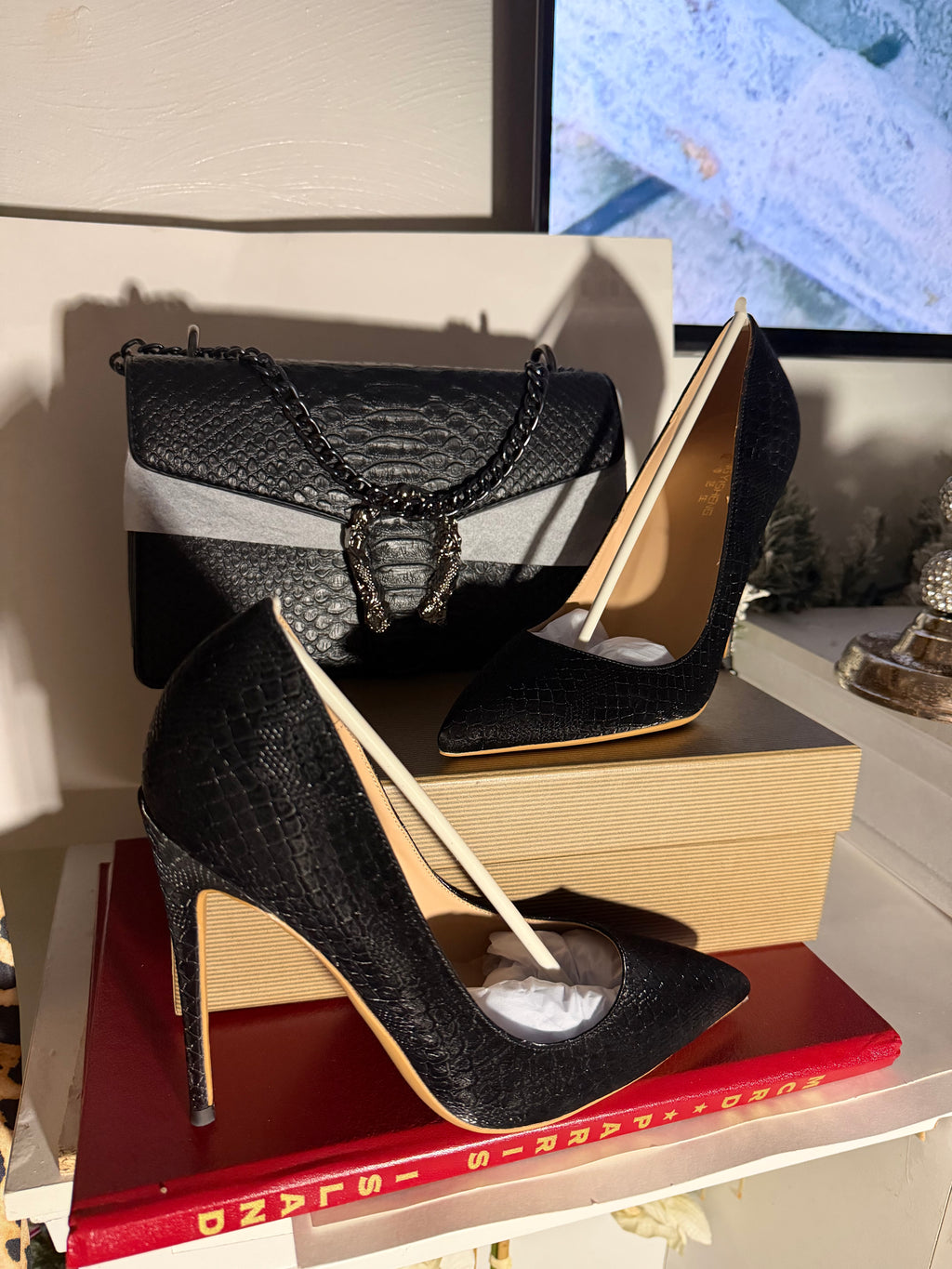 Luxe Croc-Effect Handbag & Stiletto Set - Formal Evening Wear Pumps - Wedding Guest Special Occasion