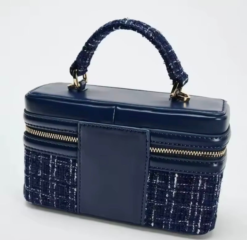 The Baroque Sapphire Complete Outfit Set | Navy Blue Tweed Bow-Tie Dress, Matching Stiletto Heels, Structured Vanity Handbag & Gold Birthstone Jewelry Set | Luxury Boutique Curated Collection