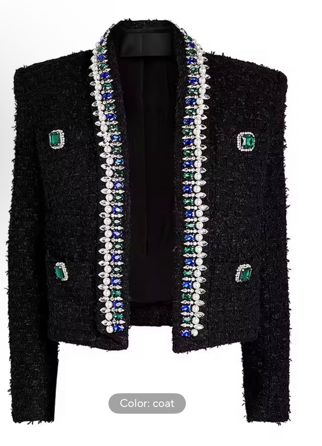 Black Tweed Skirt Suit Set | Rhinestone & Pearl Embellished Blazer and Asymmetrical Mini Skirt | Luxury Jeweled Two Piece Maximalist Outfit