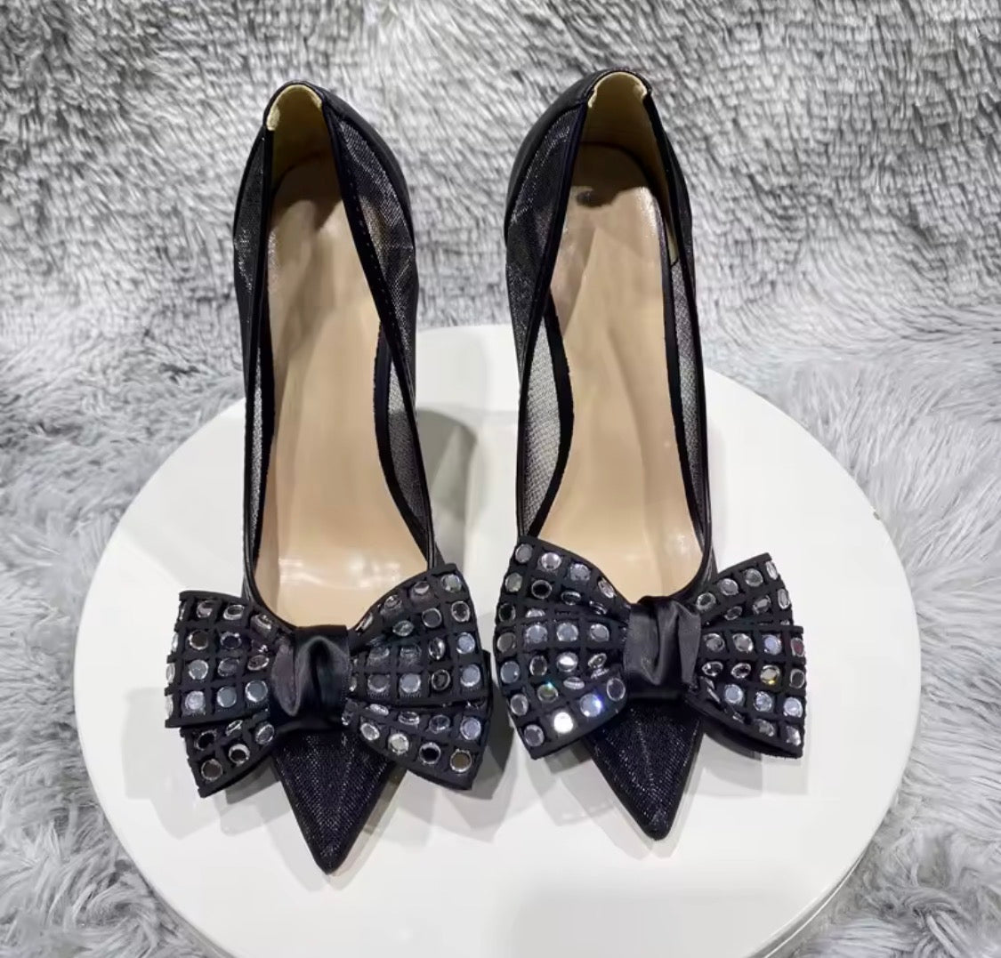 Black Lace Mesh High Heels with Bow Accents | Pointed Toe Stiletto Pumps | Pearl, Rhinestone & Classic Lace Wedding & Evening Shoeshine