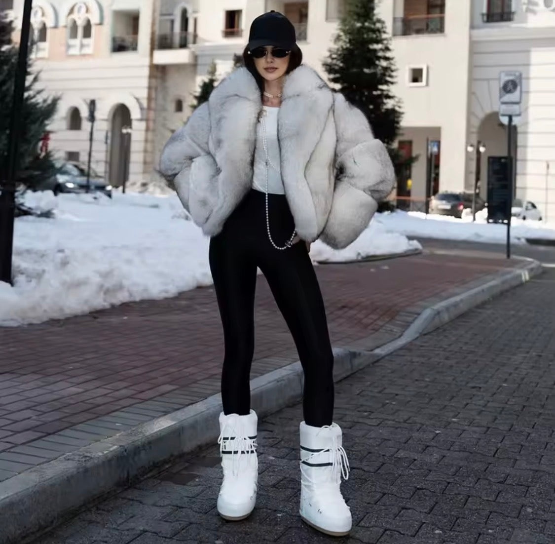 Luxury Natural Silver Fox Fur Cropped Jacket with Turndown Collar | Genuine Fur Outerwear for Women