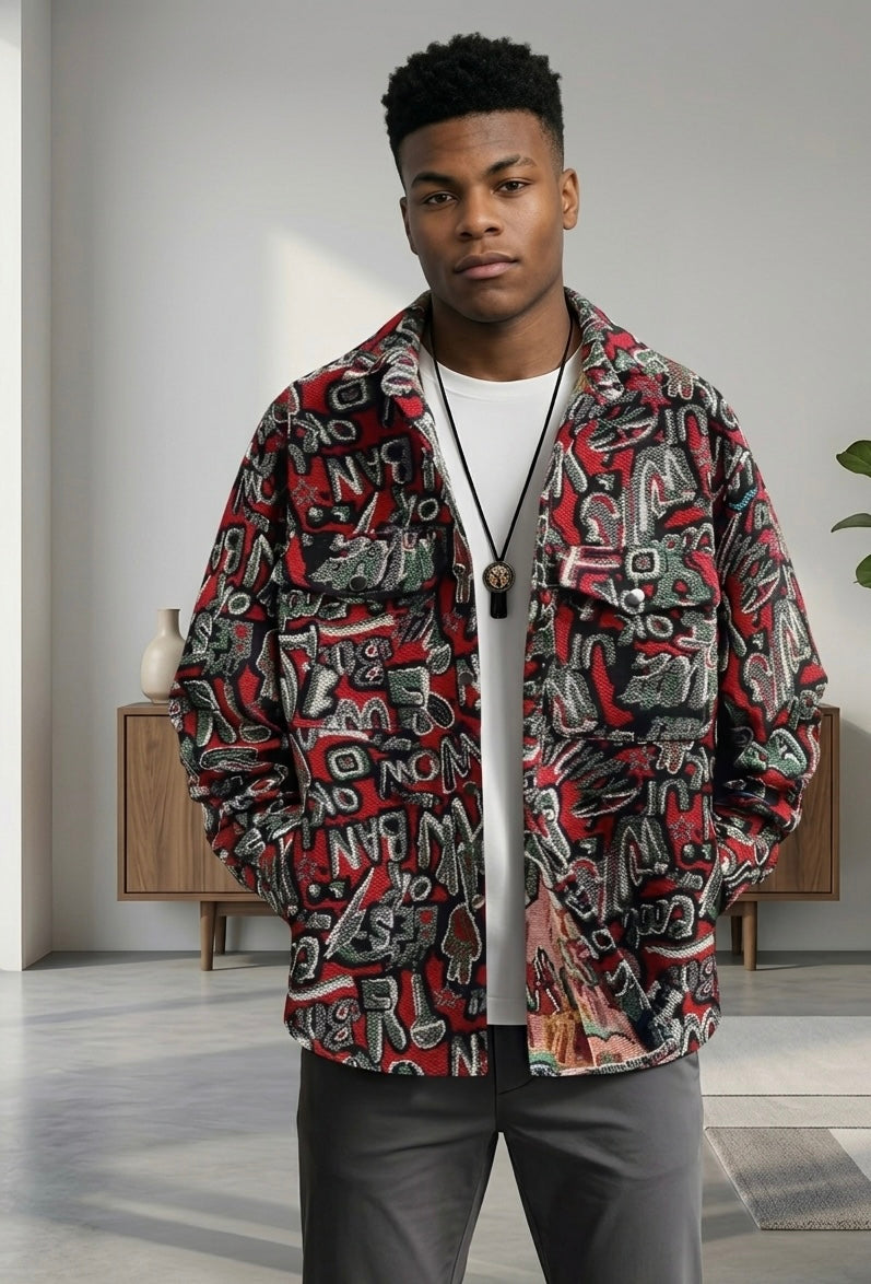 Thick Retro Men's Tapestry Jacket | Vintage Inspired Graffiti and Solar System Streetwear Shacket | Heavyweight Patterned Button-Down Coat
