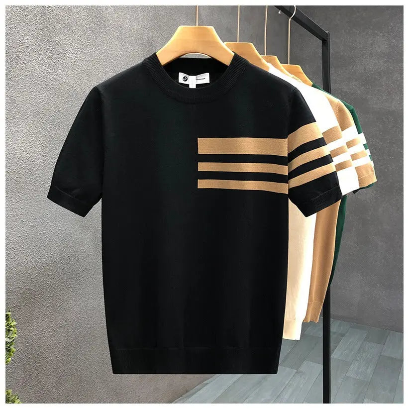 Trendy All-match Round Neck Knitted Short Sleeve Contrast Color Thin T-shirt Dropshipman