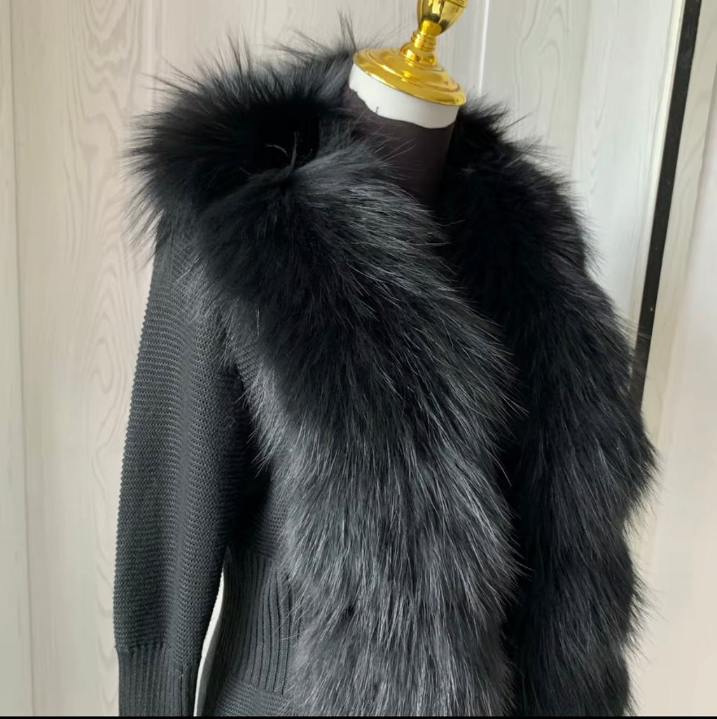 Luxury Real Fox Fur Cardigan with Sleeves & Cuffs | Handcrafted Knit Wool Blend Sweater with Genuine Fox Fur Trim