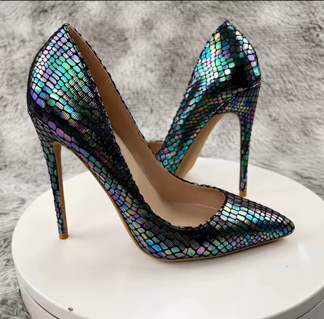 Iridescent Metallic Snake-Scale High Heels, Pointed Toe Stilettos