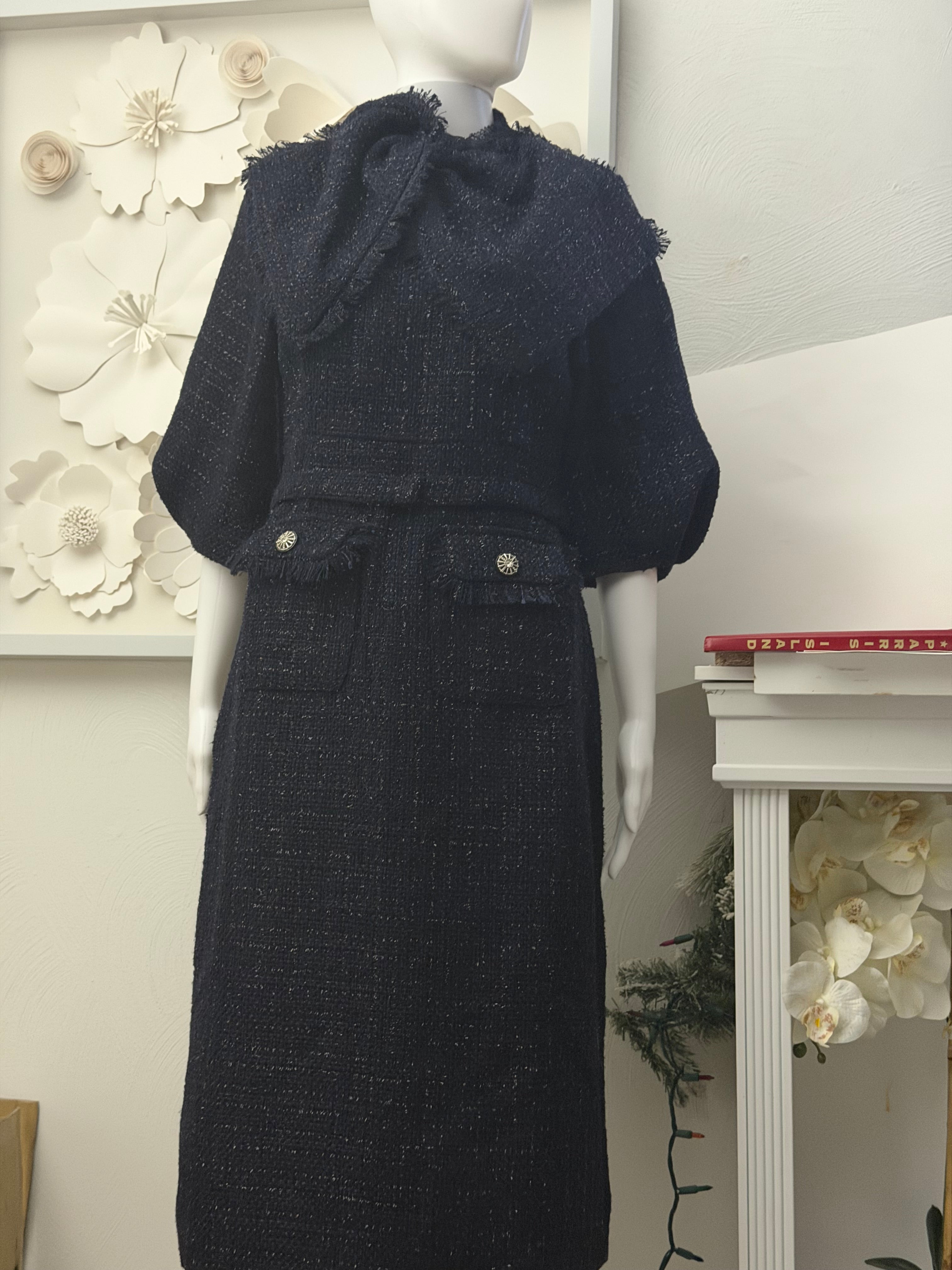 Navy Blue Tweed Belted Midi Dress and Pointed-Toe 12cm Stiletto Pump Set | 2-Piece