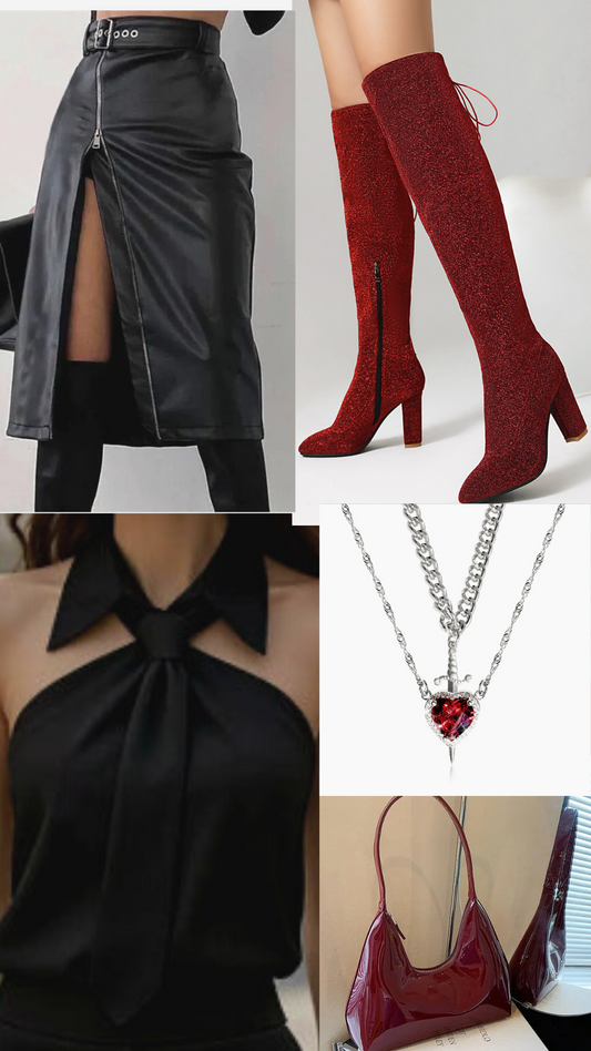 split leather skirt and red boots outfit