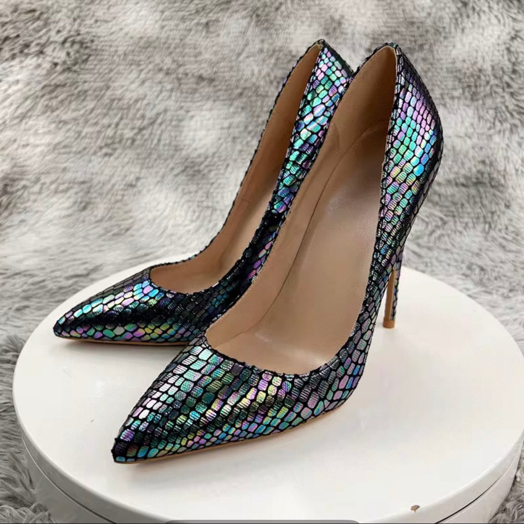 Iridescent Metallic Snake-Scale High Heels, Pointed Toe Stilettos