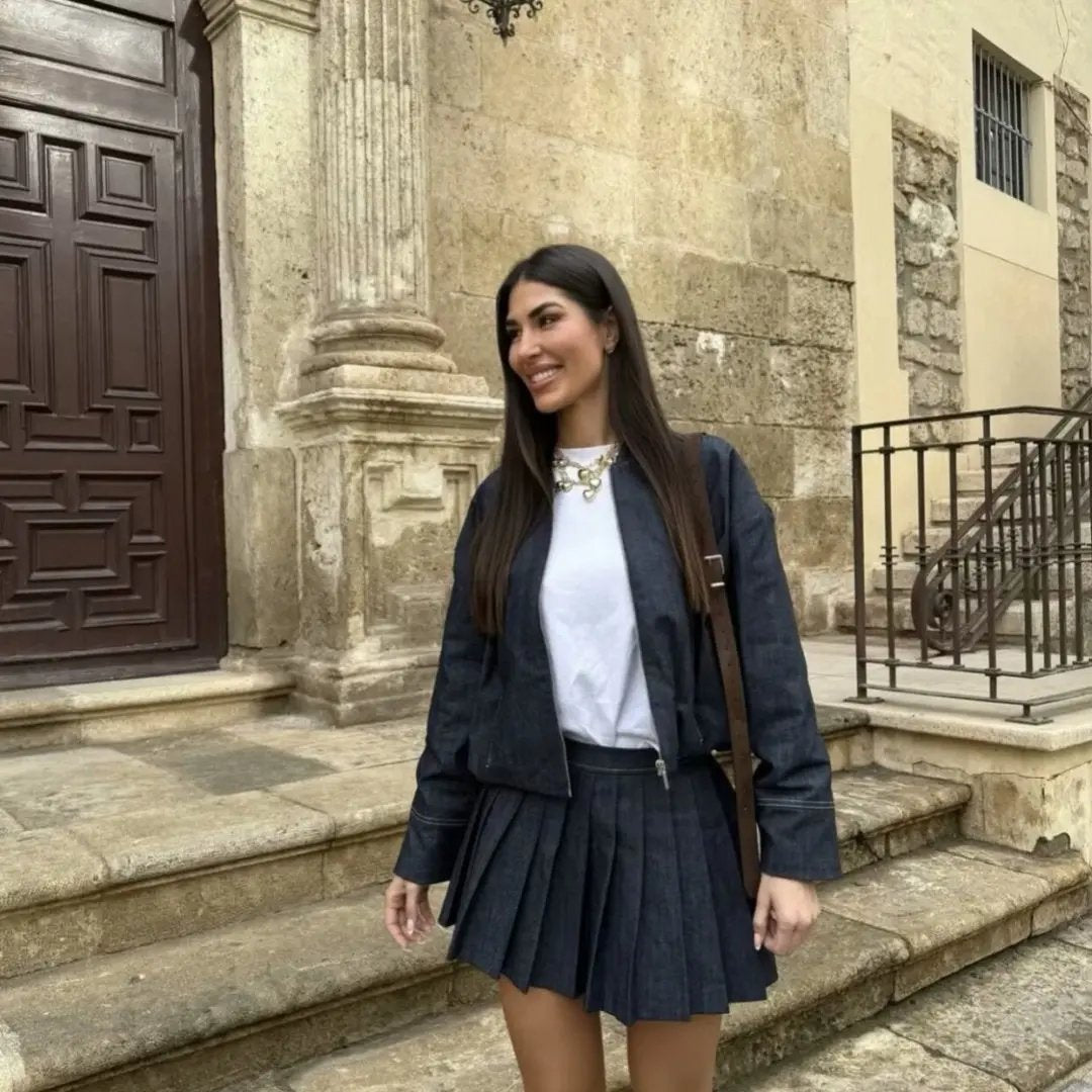 Denim Pilot Jacket Wide Pleated Denim Skirted Leggings Cjdropshipping