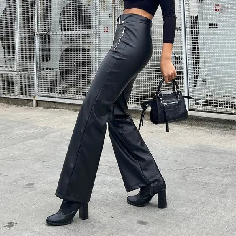 High Waist Straight Loose Wide Leg Casual Pants Leather Pants Dropshipman