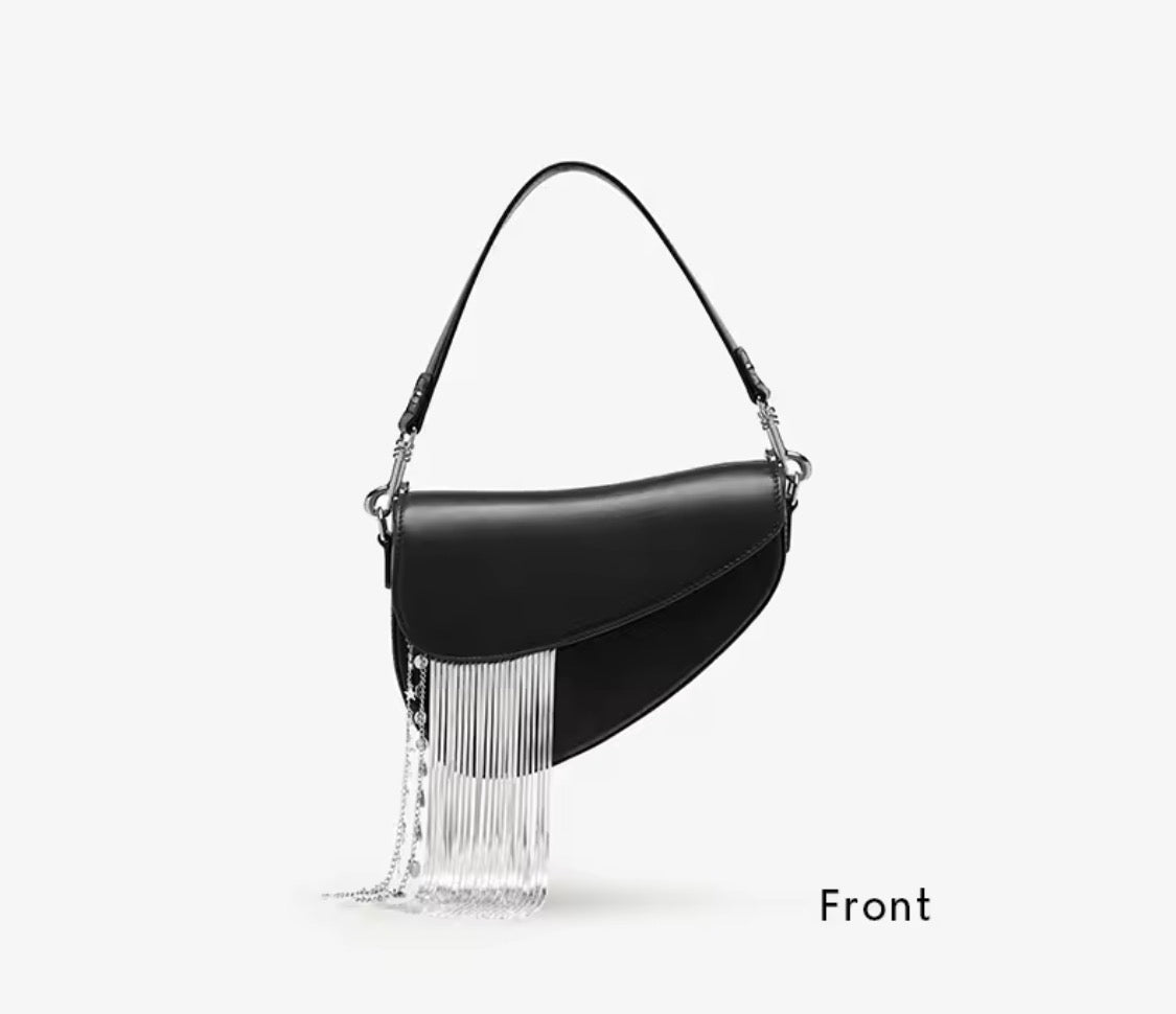 Bafelli Black Saddle Bag with Crystal Fringe & Silver Chain | Luxury Designer Handbags