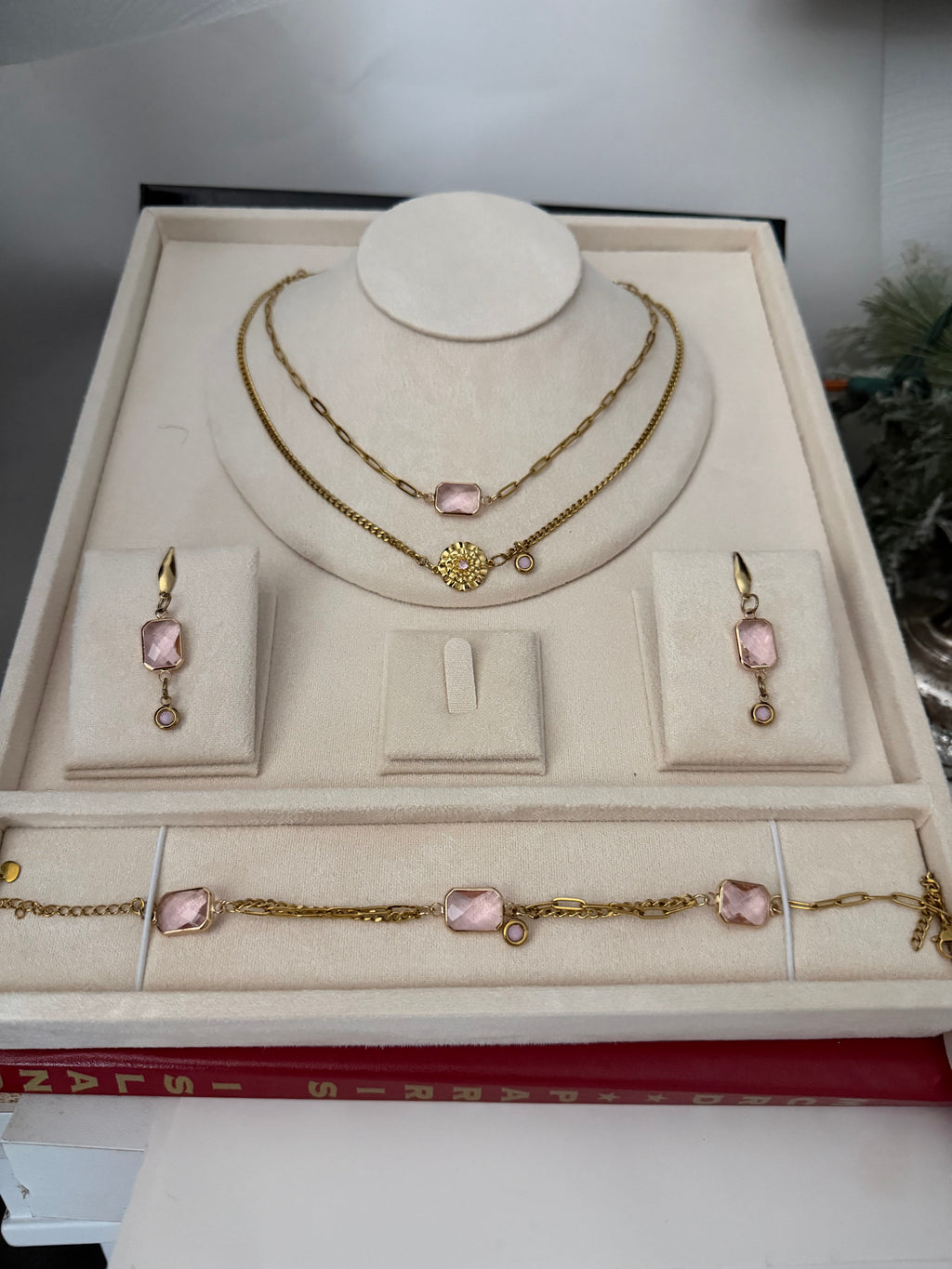 18k Gold PVD Birth Month double layered pendant Necklace, Bracelet and Earrings 3 pce set.