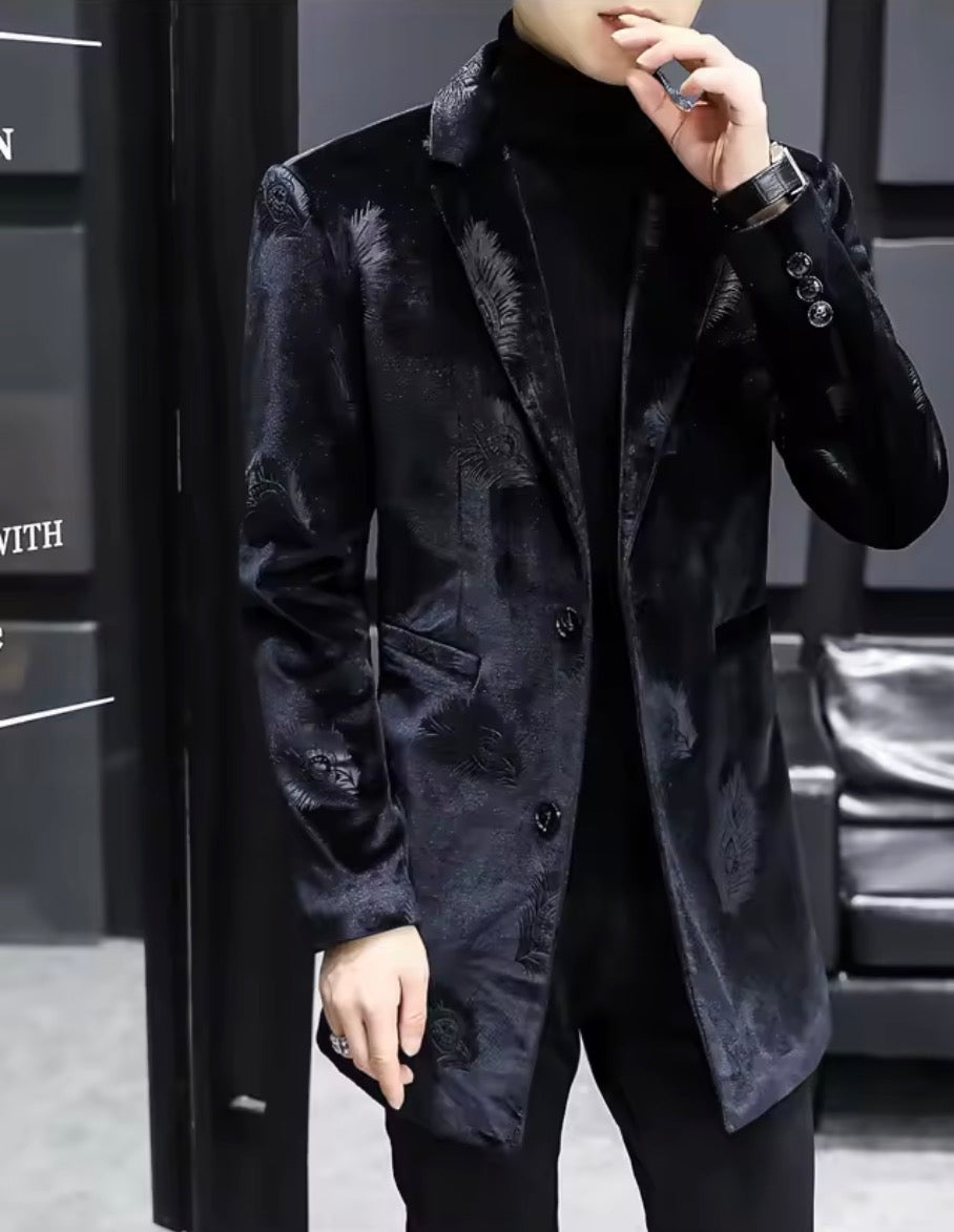 Men's Luxury Velvet Feather Embossed Longline Blazer | Slim Fit Mid-Length Tuxedo Jacket Coat in Black & Royal Blue