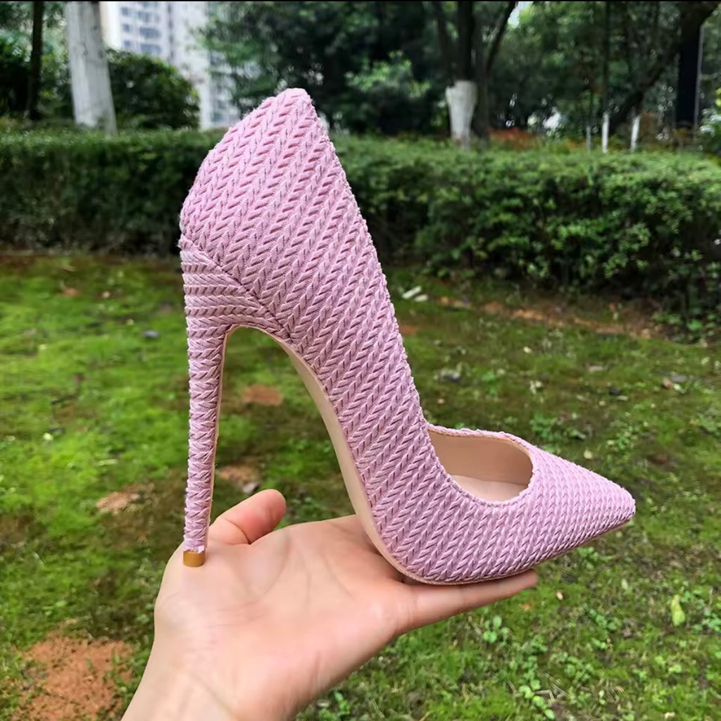 Pink Woven Fabric High Heels, Pointed Toe Stiletto Pumps, Textured Pink Dress Shoes, Chic Women's Party Heels, Elegant Spring Summer Shoes