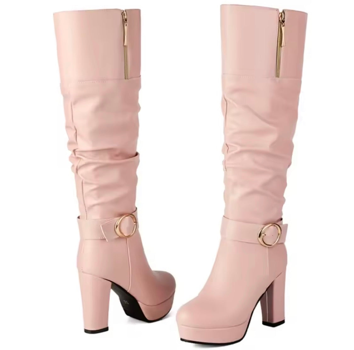 Women's Slouchy Knee High Boots Chunky High Heel Platform Buckle Strap Long Boots Side Zipper Dress Booties
