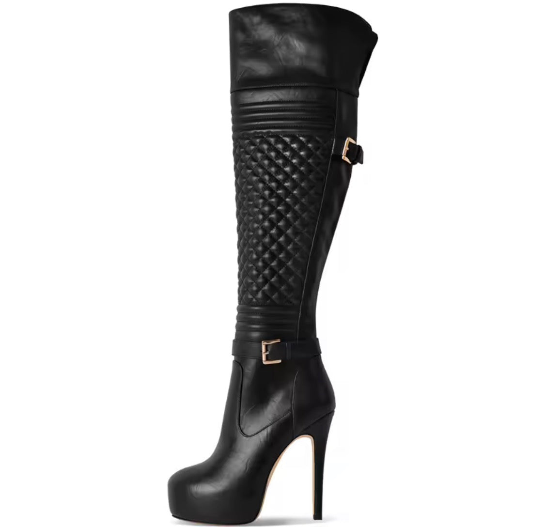Women’s Over the Knee Platform Boots – Quilted High Heel Stiletto Thigh High Riding Boots with Ankle Buckle & Side Zipper