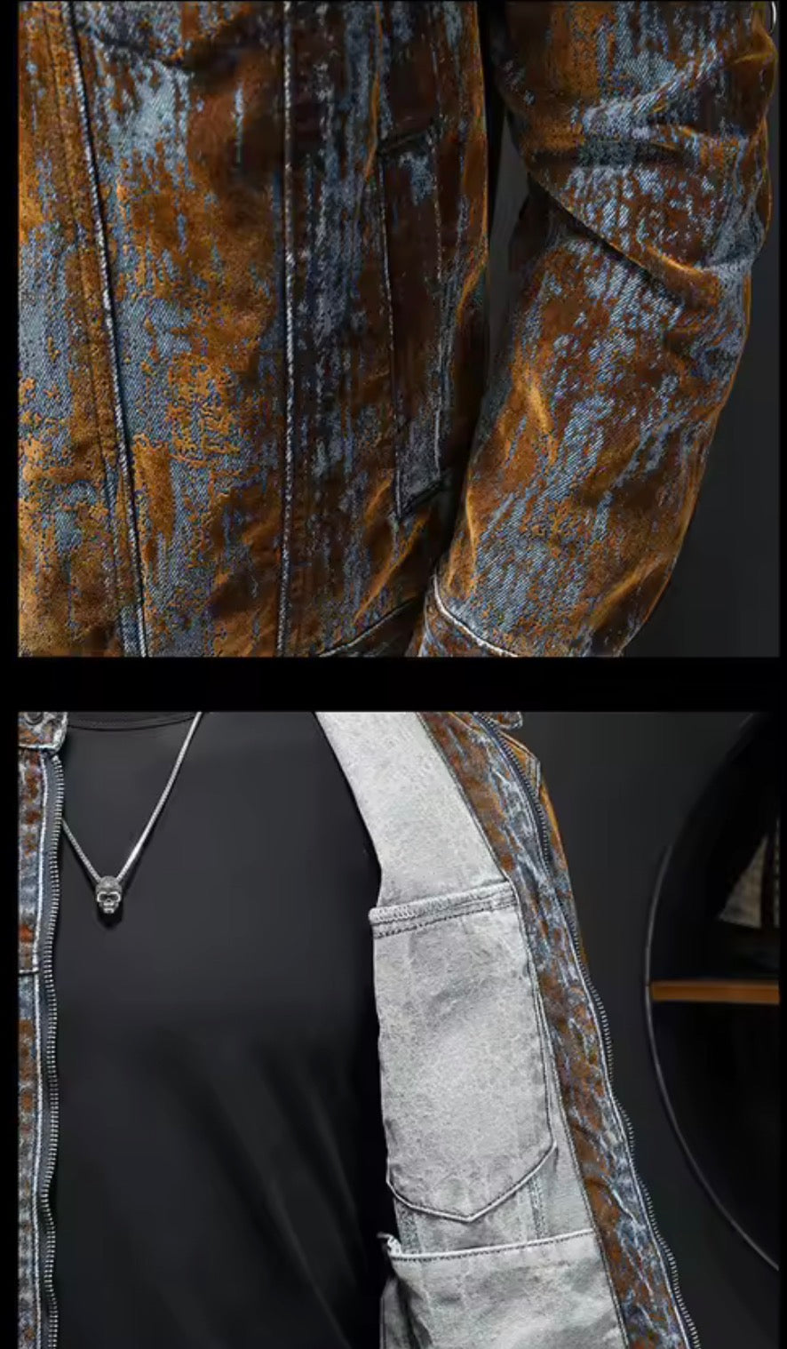 Men’s Distressed Acid-Wash Denim Jacket | Vintage style Moto Biker Stand Collar Zipper Jean Jacket