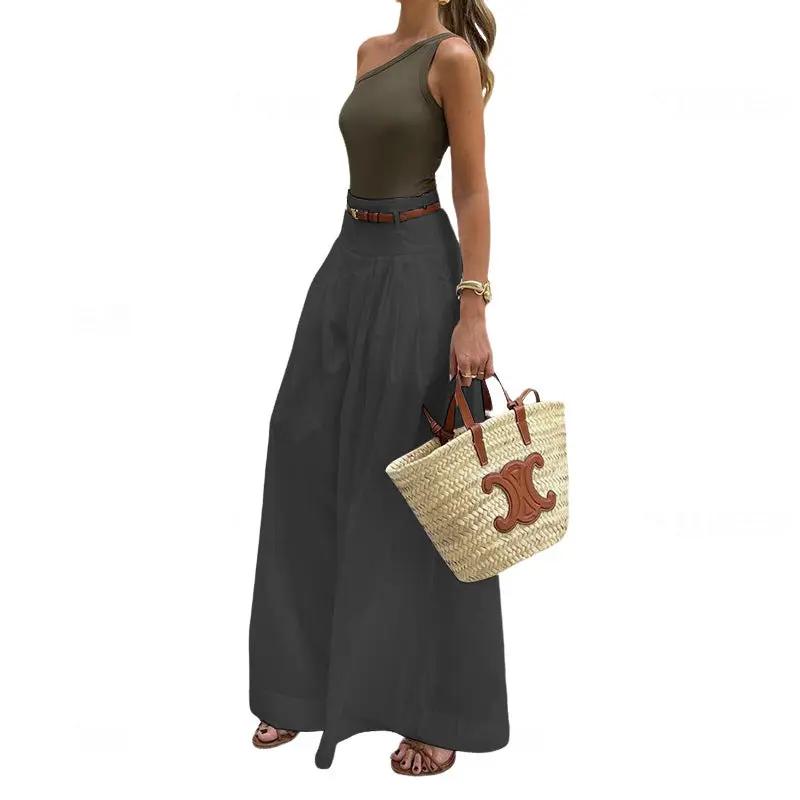 Women's Autumn Fashion Temperament Pure Color High Waist Wide Leg Casual Trousers Cjdropshipping