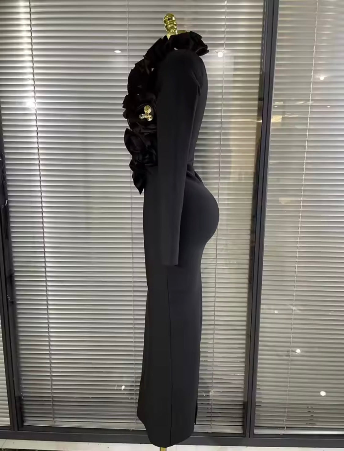 Luxury 3D Rose Floral Accent Long Sleeve Maxi Bandage Dress – Elegant Evening Gown