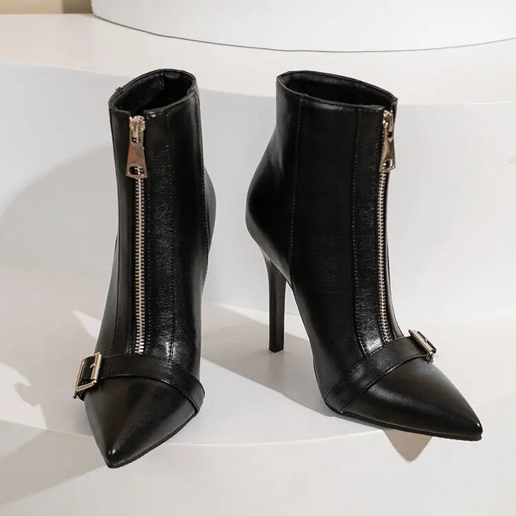 Belt Buckle Front Zipper High Heel Boots Dropshipman