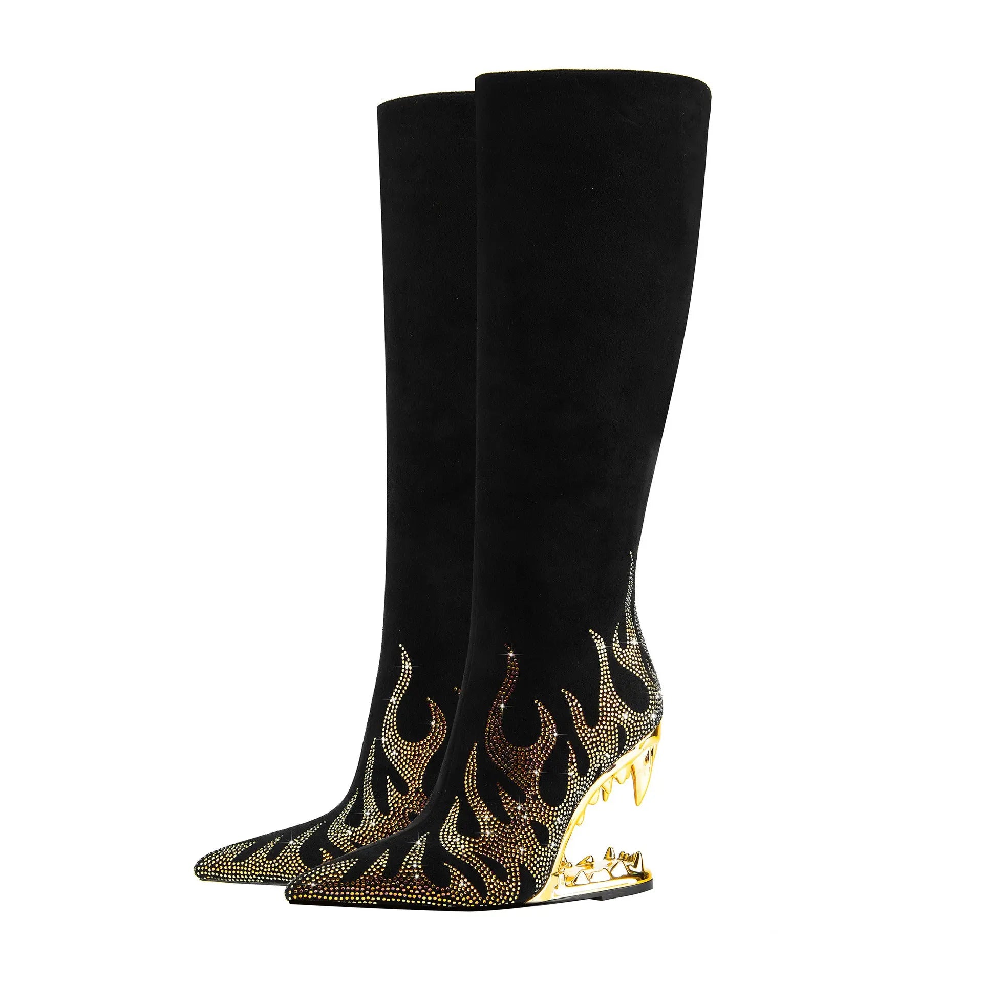 European And American Style Tiger Tooth Profiled Heel Skinny Stretch Boots Rhinestone Flame Dropshipman