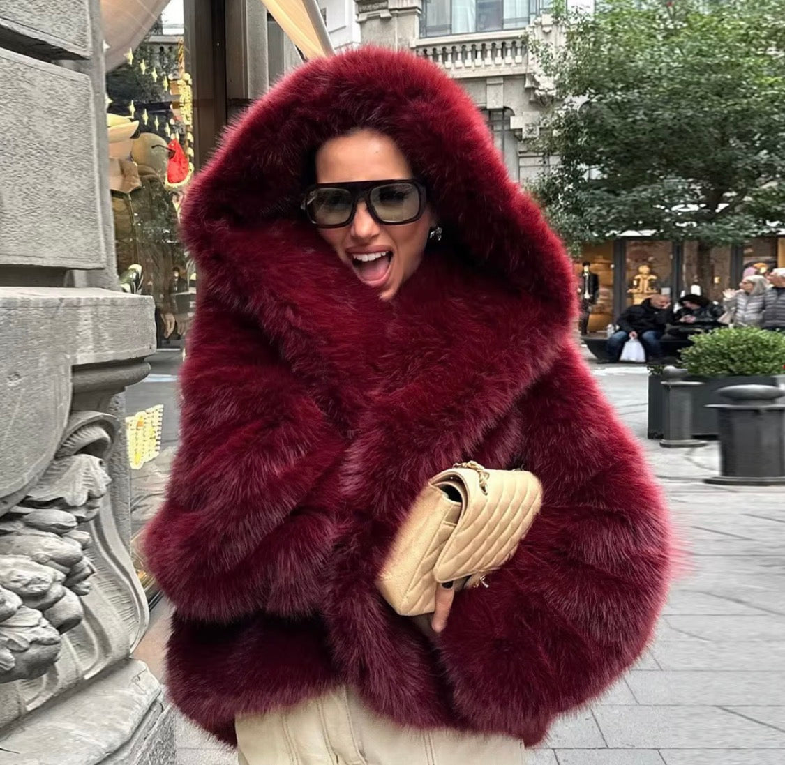 Luxury Faux Fur Hooded Crop Coat – Plush Winter Outerwear, Oversized Hood Designer Jacket for Women