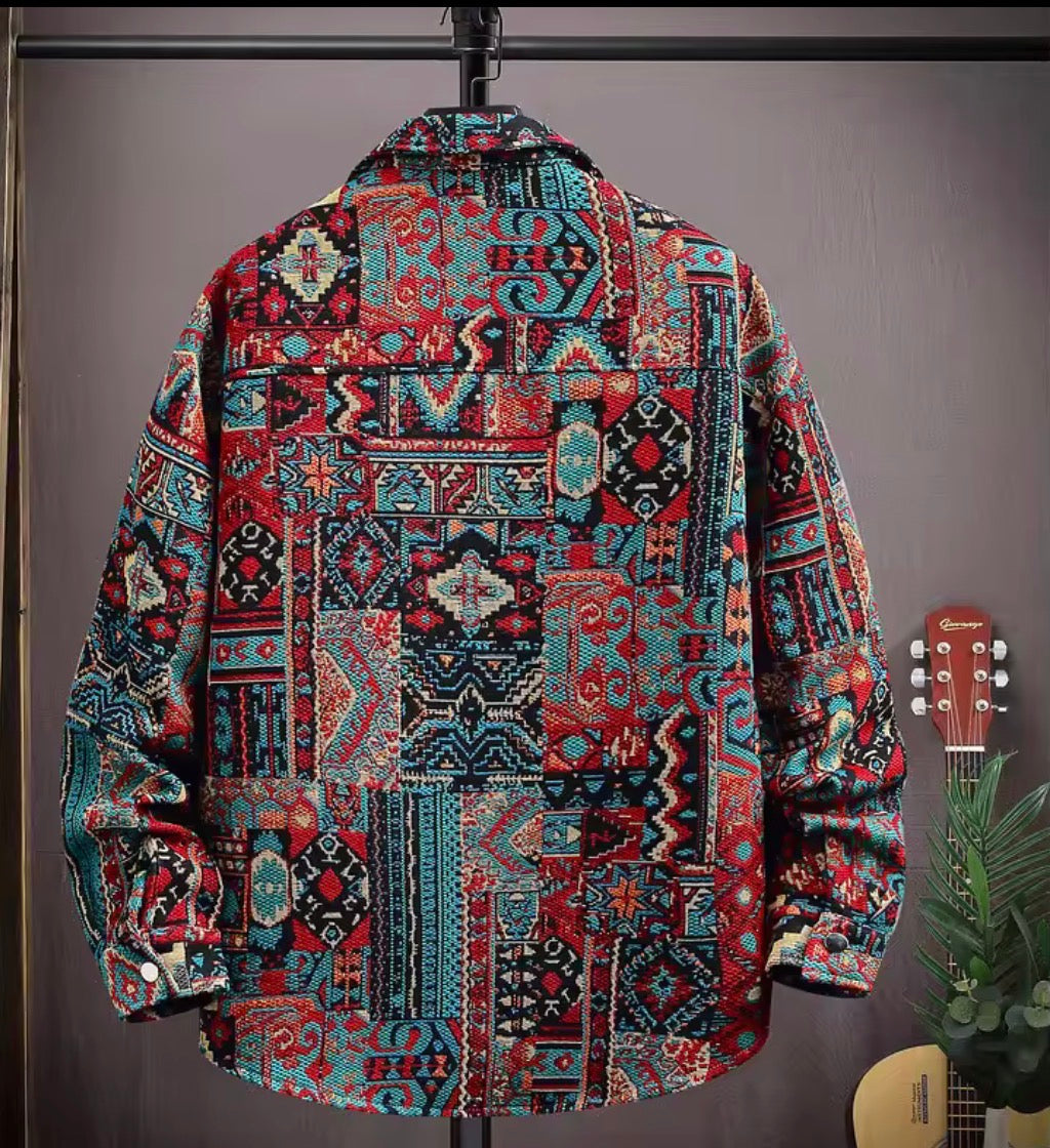 Thick Retro Men's Tapestry Jacket | Vintage Inspired Graffiti and Solar System Streetwear Shacket | Heavyweight Patterned Button-Down Coat