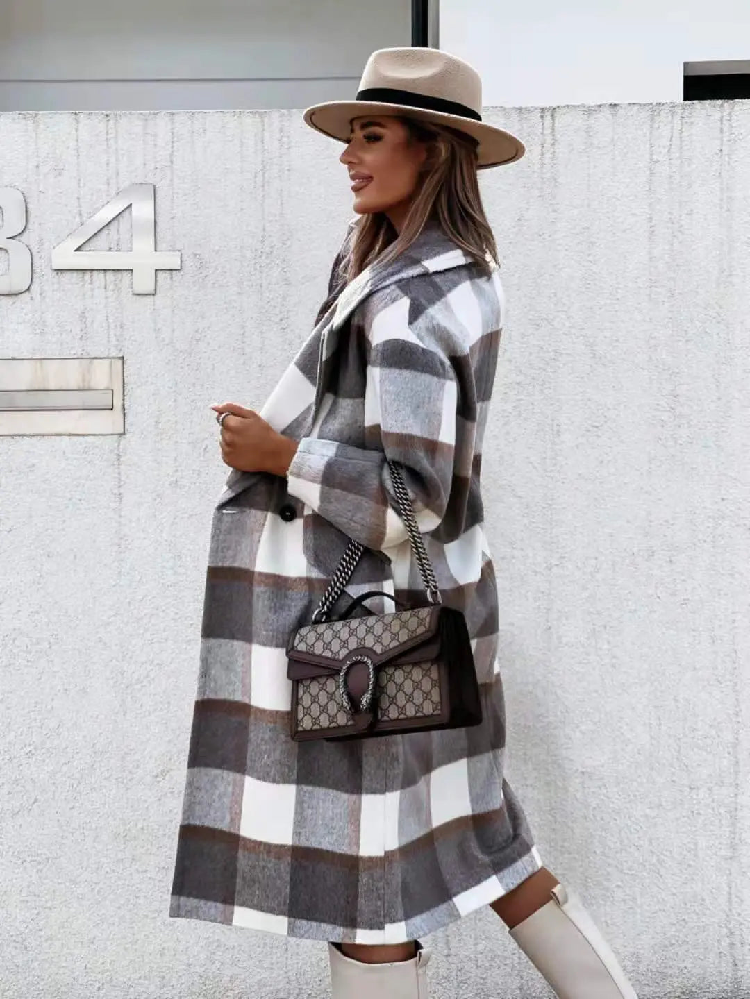 Checked Mid-length Coat Lapel Tie Woolen Coat - JNi3 shop