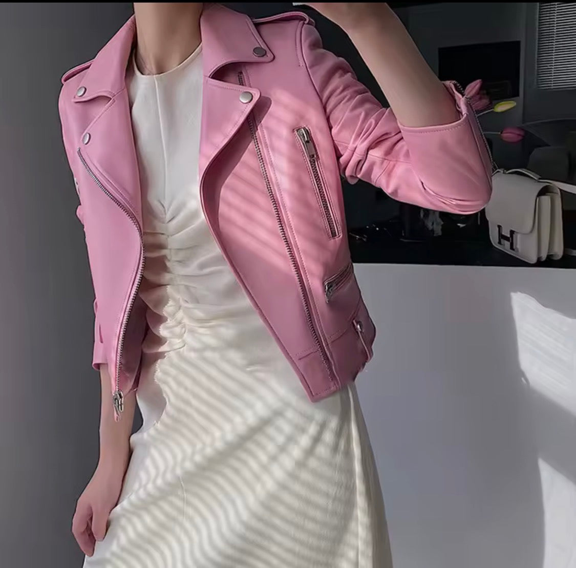 Pink Leather Moto Jacket for Women, Genuine Leather Biker Jacket, Pastel Pink Motorcycle Jacket