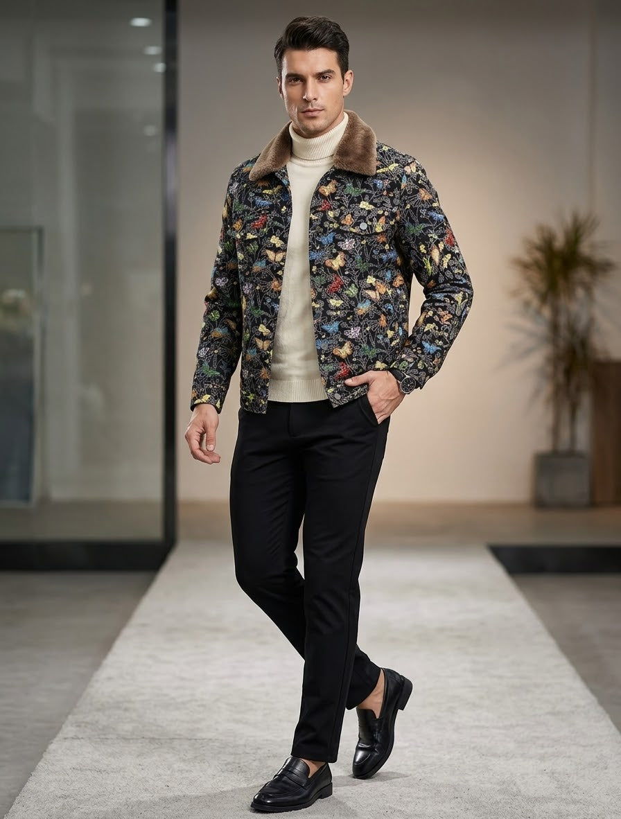Men's Butterfly Print Winter Jacket with Faux Fur Collar | Warm Plush Fleece Lined Trucker Jacket