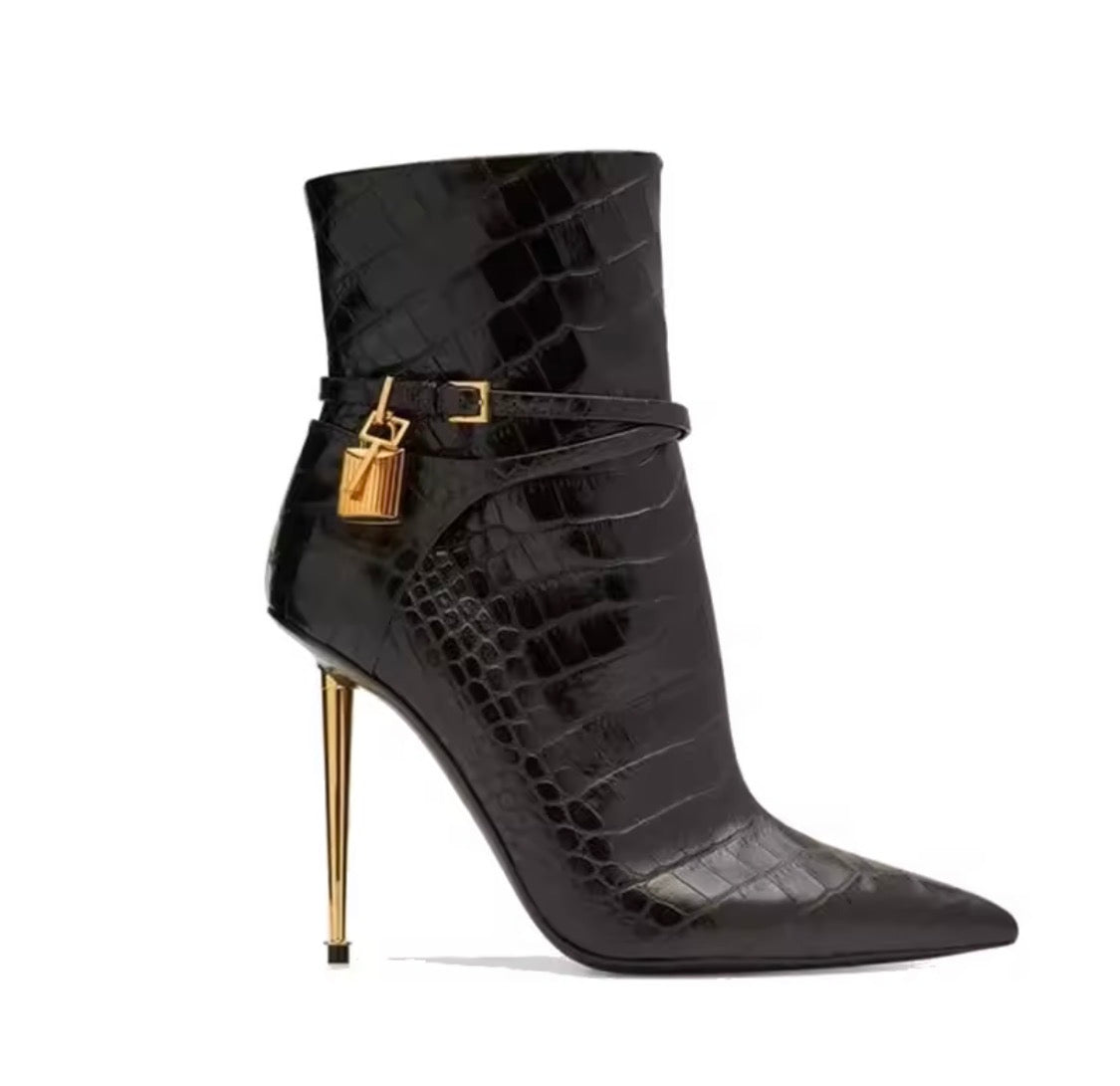 Black Boot and Bag Set | Croc Embossed Ankle Booties or Quilted Over The Knee Boots with Matching Shoulder Bag Set