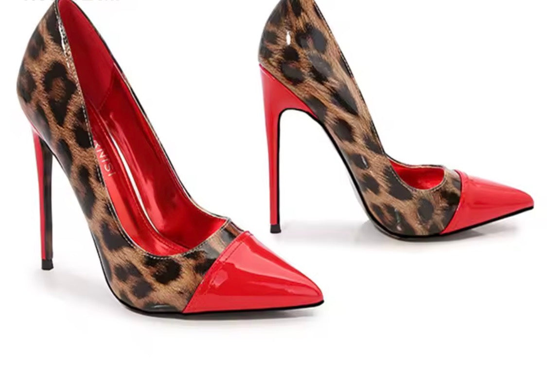 Leopard Print Stiletto Pumps | Red Pointed Toe & Gold Hardware Designer Heels